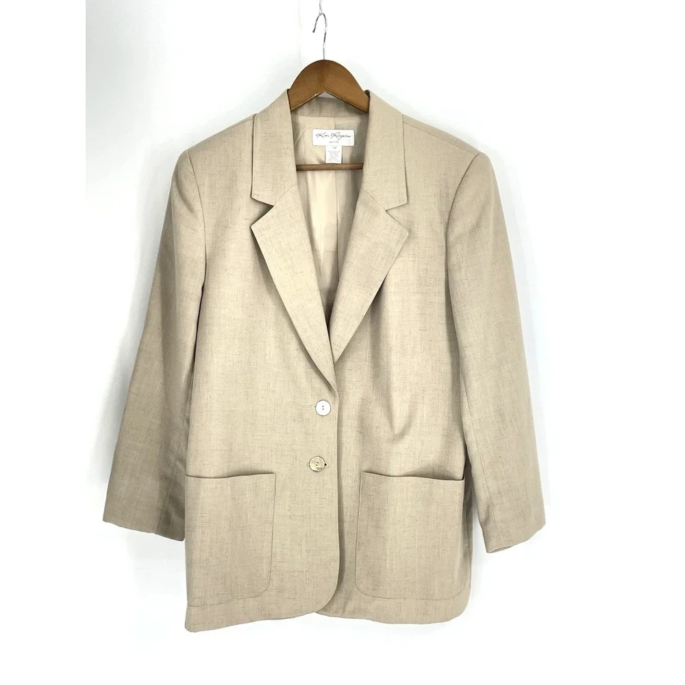 Kim Rogers Womens Skirt Suit Tan Jacket 14P Pleated‎ Skirt 16 Linen Blend